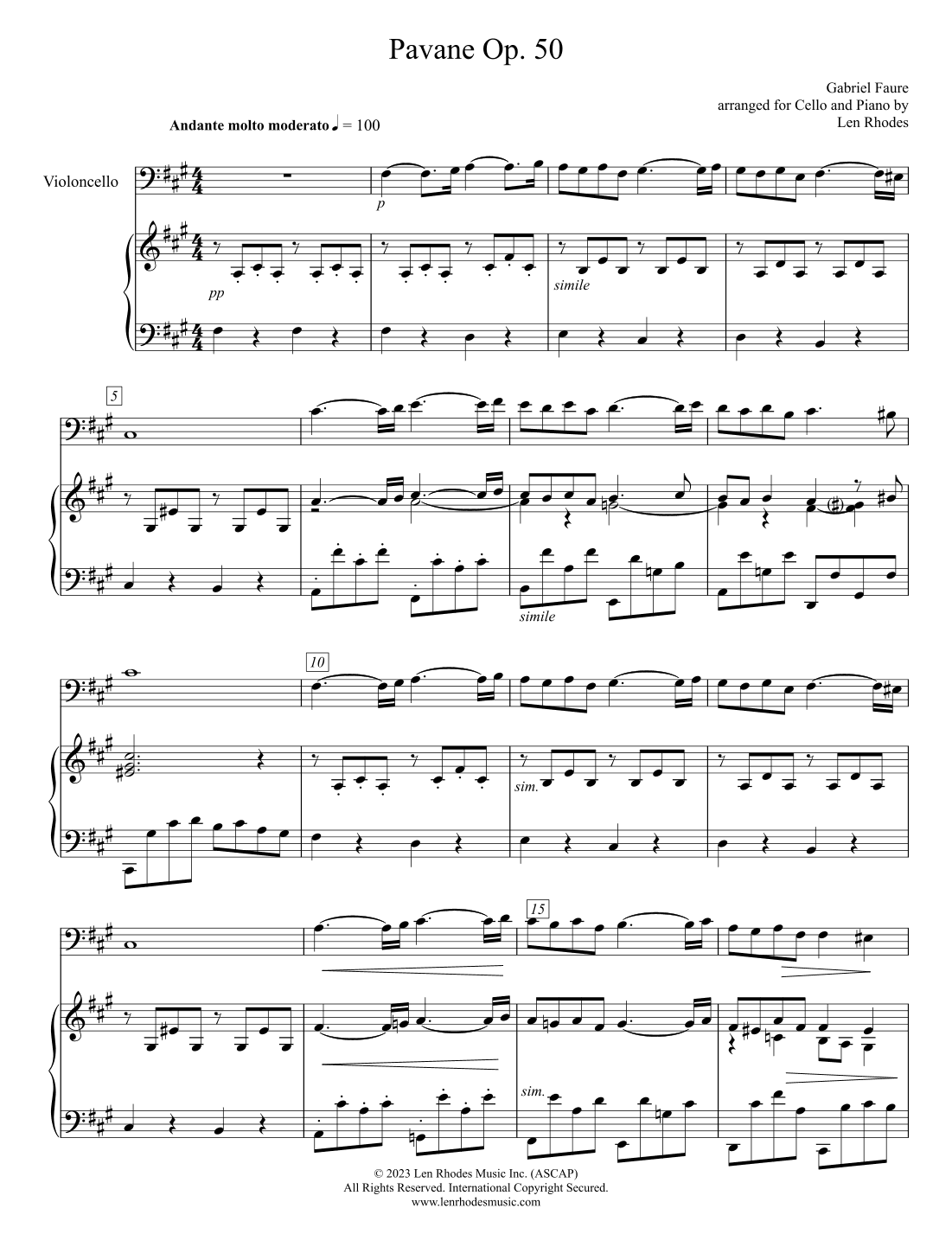 Fauré, Pavane op.50  - for Cello and Piano (arr. Len Rhodes)