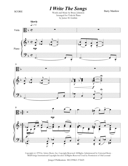 I Write The Songs (arr. James M. Guthrie, ASCAP)