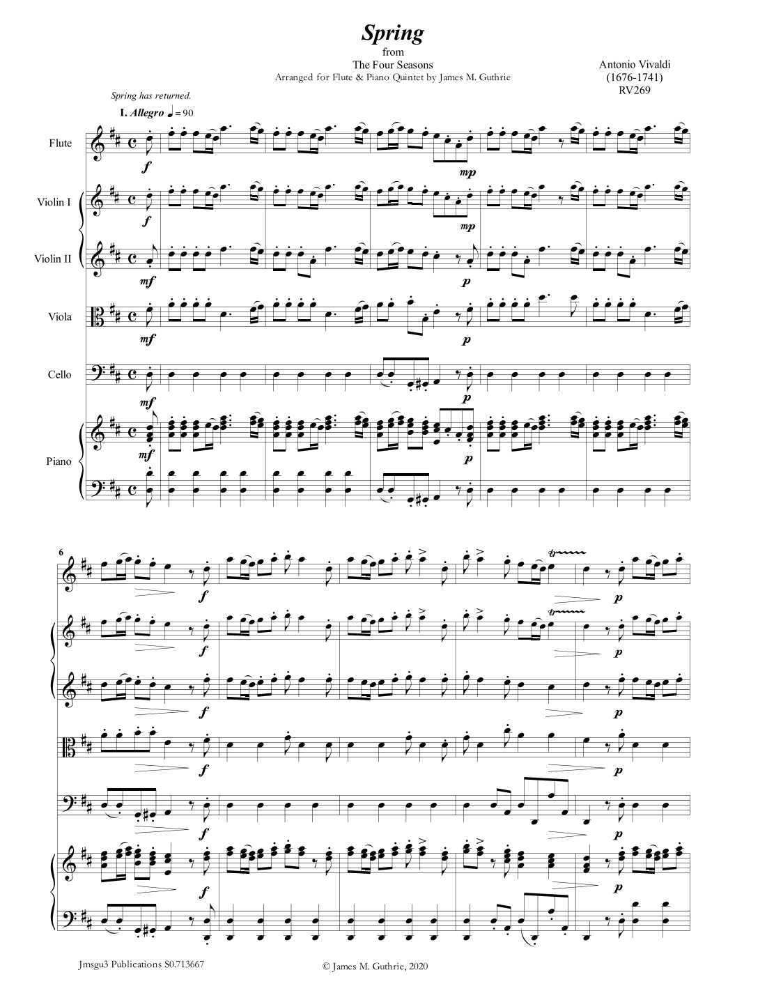 Vivaldi: Spring from the Four Seasons for Flute & Piano Quintet (arr. James M. Guthrie, ASCAP)