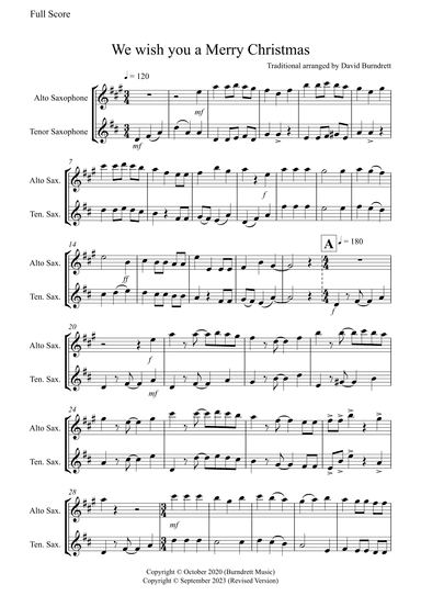We Wish You a Merry Christmas for Alto and Tenor Saxophone Duet (arr. David Burndrett)