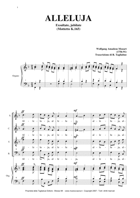 ALLELUJA (Exsultate, jubilate K.165) W.A.Mozart - Arr. for SATB Choir and Organ (arr. Renato Tagliabue)