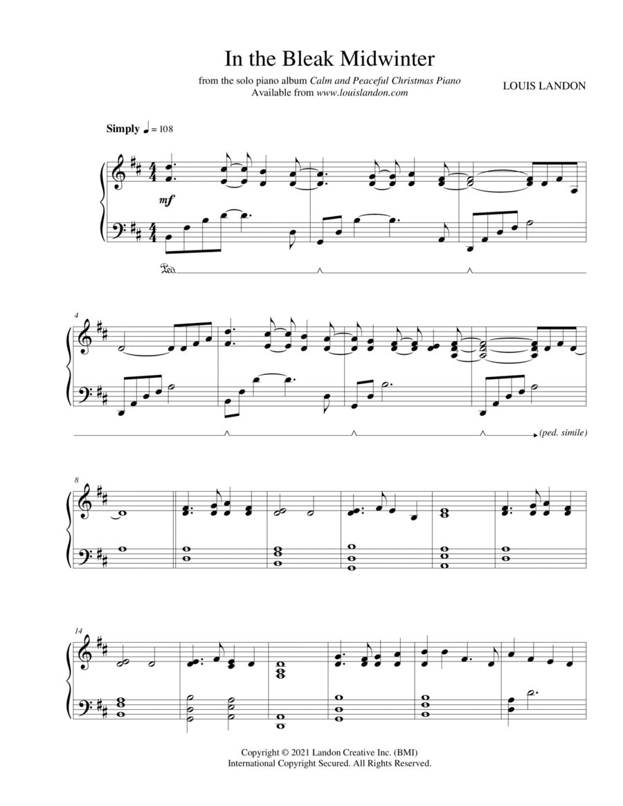 In the Bleak Midwinter - Traditional Christmas - Louis Landon - Solo Piano (arr. Louis Landon)