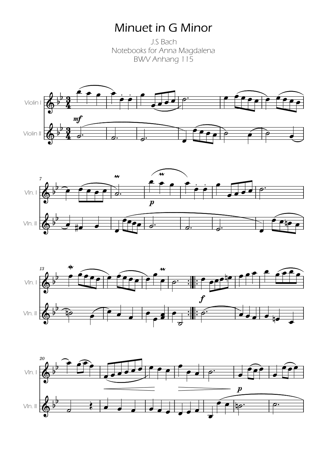 Minuet in G minor BWV Anh. 115 - Bach - Violin Duo (arr. Ygor Nunes)