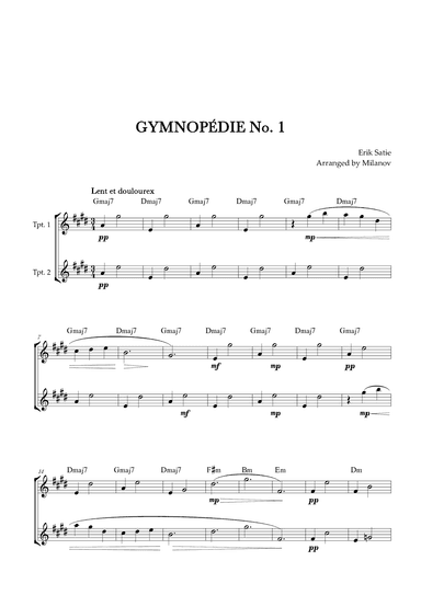 Gymnopédie no 1 | Trumpet in Bb Duet | Original Key | Chords | Easy intermediate (arr. Milanov)