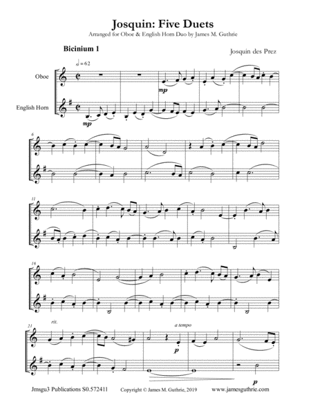 Josquin: Five Duets for Oboe & English Horn Duo (arr. James M. Guthrie, ASCAP)