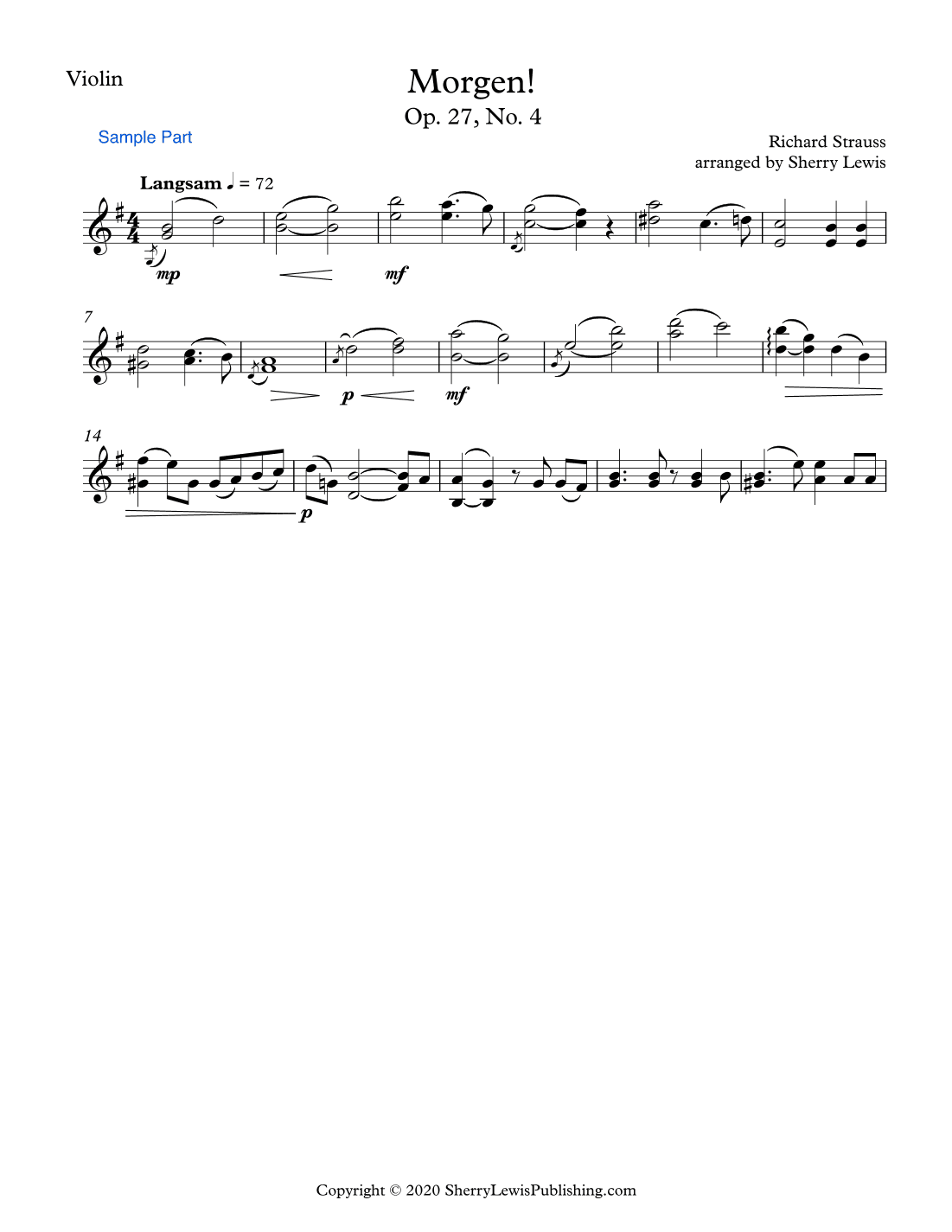 MORGEN! R.Strauss, Violin Solo, Intermediate Level (arr. Sherry Lewis)