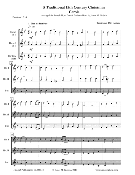 5 Traditional 15th Century Christmas Carols for French Horn Duo & Baritone Horn (arr. James M. Guthrie, ASCAP)