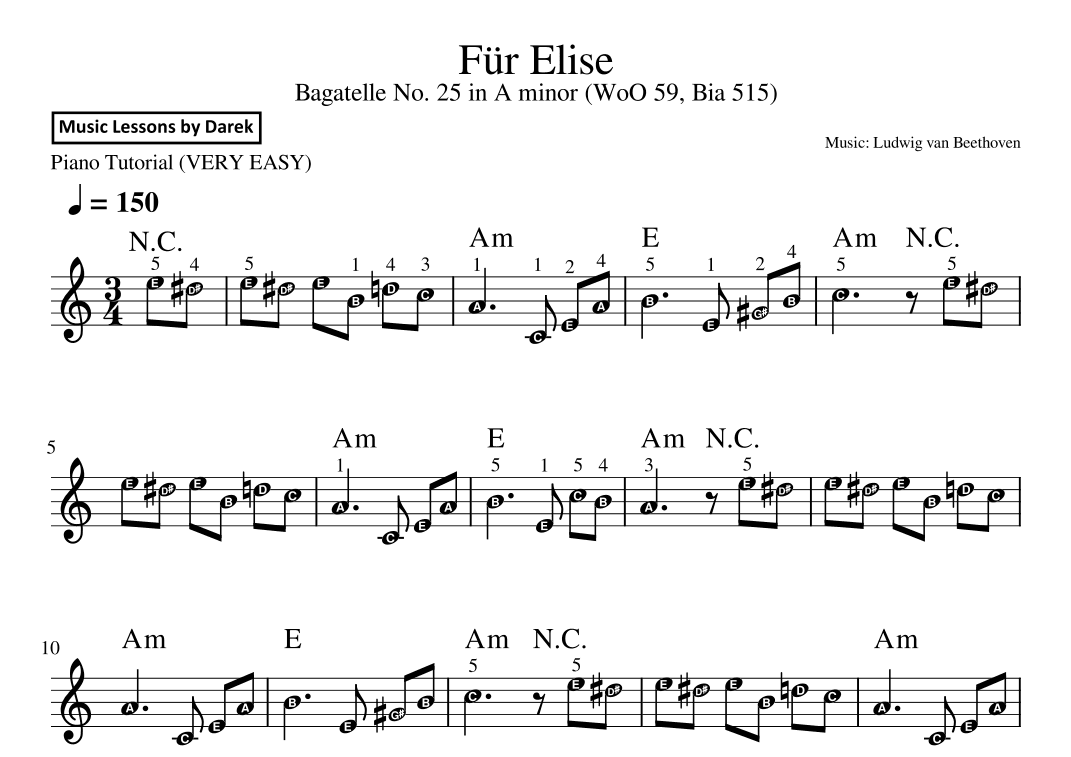 Für Elise (VERY EASY PIANO) Bagatelle No. 25 in A minor (WoO 59, Bia 515) [Ludwig van Beethoven] (arr. Darek)