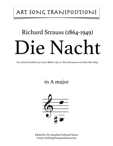 STRAUSS: Die Nacht, Op. 10 no. 3 (transposed to A major and A-flat major) (arr. ArtSongTranspositions.com)