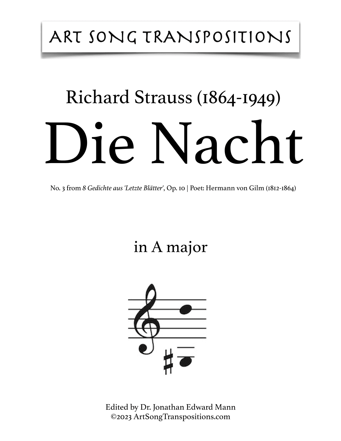 STRAUSS: Die Nacht, Op. 10 no. 3 (transposed to A major and A-flat major) (arr. ArtSongTranspositions.com)