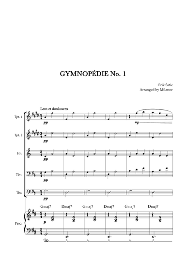 Gymnopédie no 1 | Brass Quintet | Original Key | Chords | Piano accompaniment |Easy intermediate (arr. Milanov)