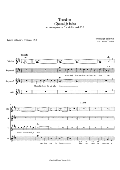 Tourdion (Quand je bois du vin clairet) for violin and SSA voices (arr. Ivana Tuskan)