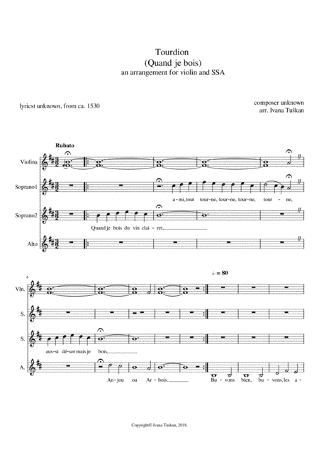 Tourdion (Quand je bois du vin clairet) for violin and SSA voices (arr. Ivana Tuskan)