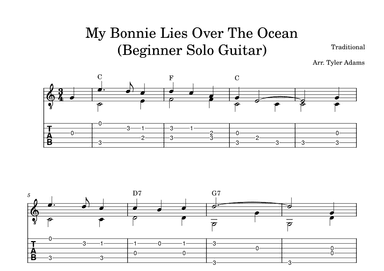 My Bonnie Lies Over The Ocean (Beginner Solo Guitar) (arr. Tyler Adams)
