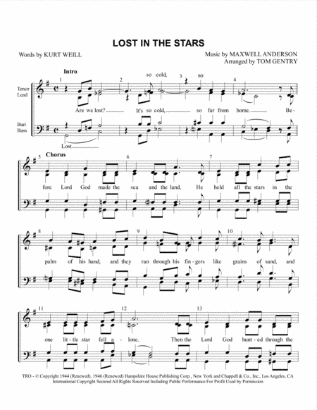 Lost In The Stars (arr. Tom Gentry)