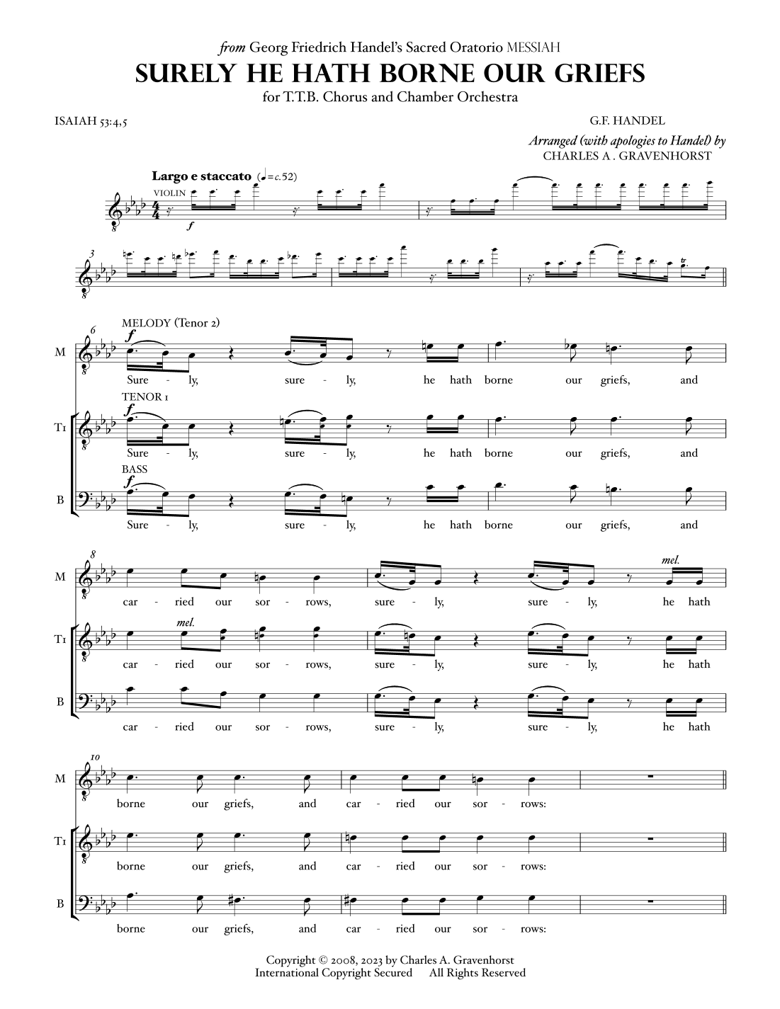 Surely He Hath Borne Our Griefs (from “MESSIAH”) for Men’s Chorus (TTB) – VOCAL PARTS (arr. Charles A. Gravenhorst)