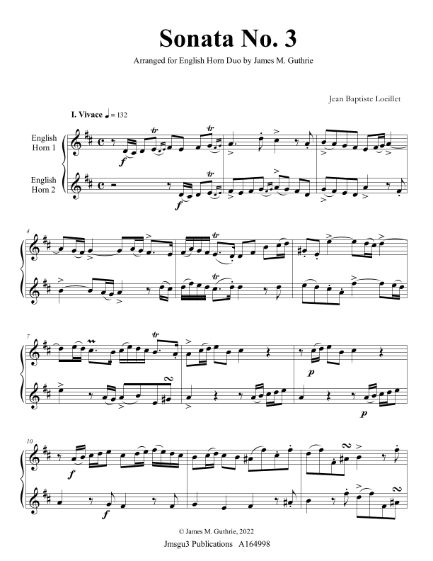 Loeillet: Sonata No. 3 for English Horn Duo (arr. James M. Guthrie)
