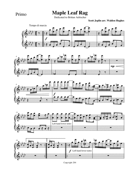 Joplin's Maple Leaf Rag Piano Duet (1 Piano 4 Hands) (arr. Dr. Walden Hughes)