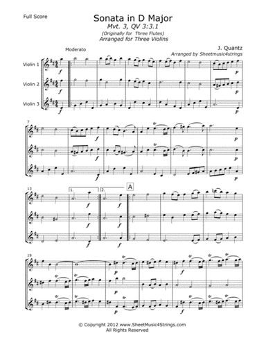 Quantz, J. - Sonata in D (Mvt. 3) for Three Violins (arr. Linda M. Scott)