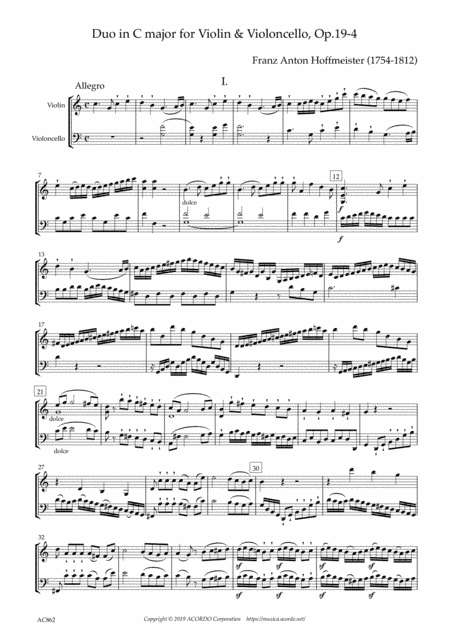 Duo in C major for Violin & Violoncello, Op.19-4 (arr. Kamada, Mikio)
