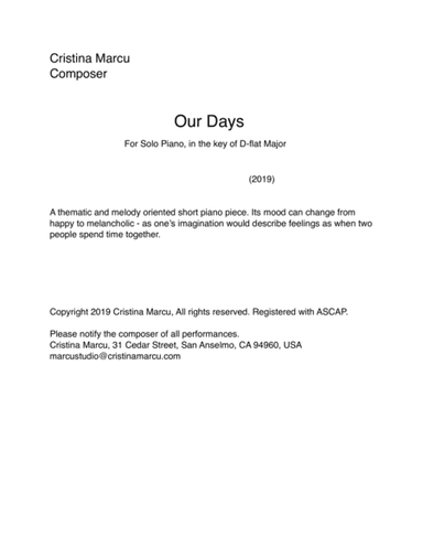 Our Days, for Solo piano, thematic and melody short piano piece, mood of colors can change feelings