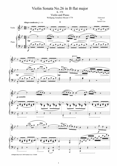 Mozart - Violin Sonata No.26 in B flat K 378 for Violin and Piano - Score and Part (arr. Santino Cara)