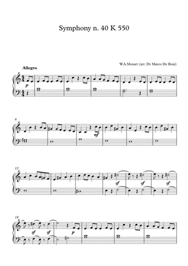 Mozart, Symphony n. 40 K.550 (Easy Piano version for beginners) (arr. Marco De Boni)