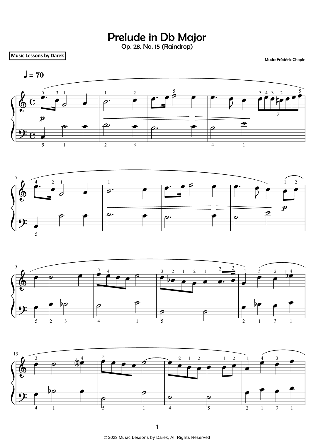 Prelude in Db Major (EASY PIANO) Op. 28, No. 15 (Raindrop) [Frédéric Chopin] (arr. Darek)