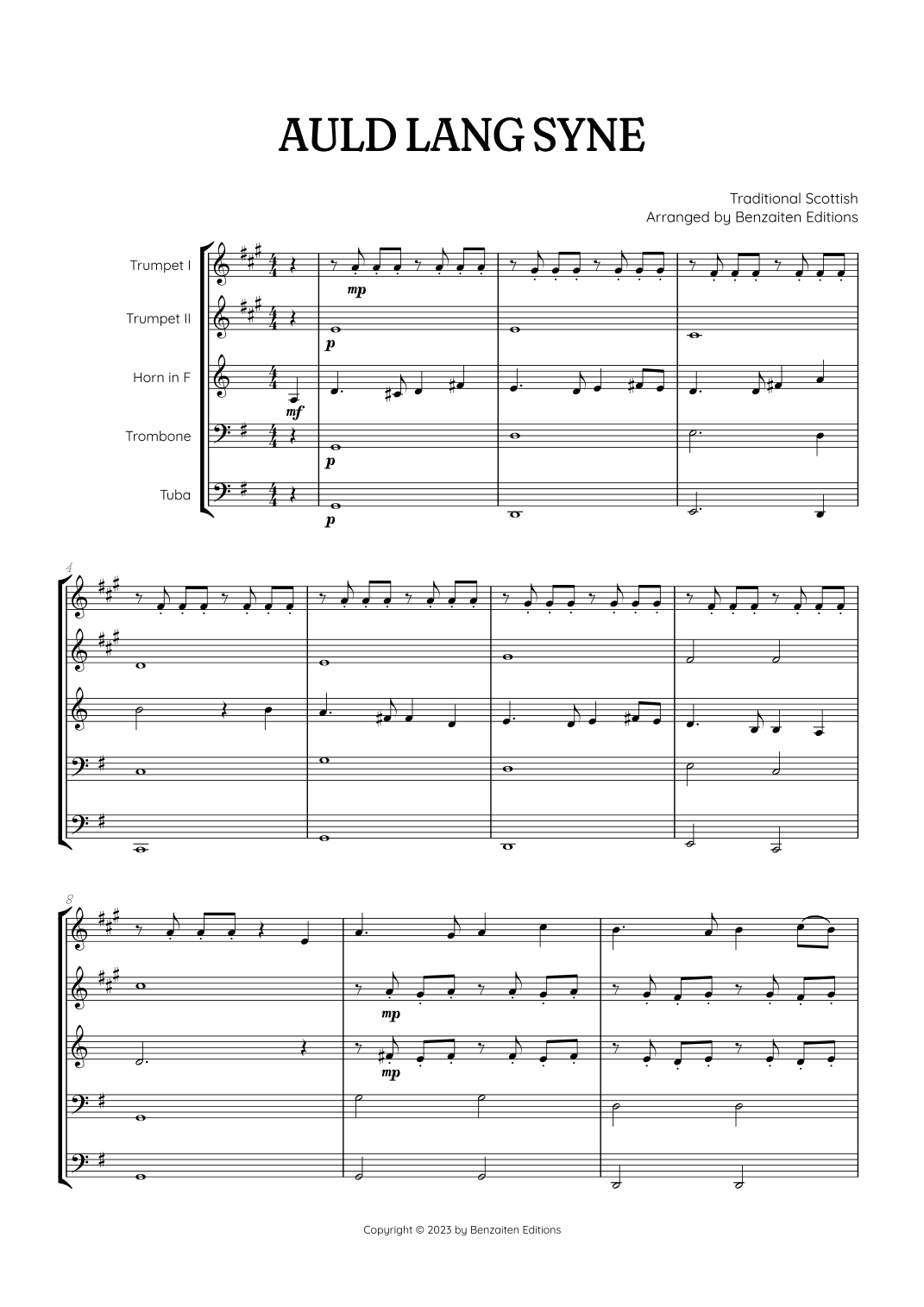 Auld Lang Syne • New Year's Anthem | Brass Quintet sheet music (arr. Benzaiten Editions)