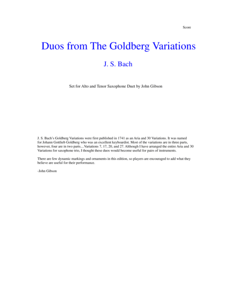 J. S. Bach Duos from The Goldberg Variations set for Alto and Tenor Saxophone (arr. John Gibson)