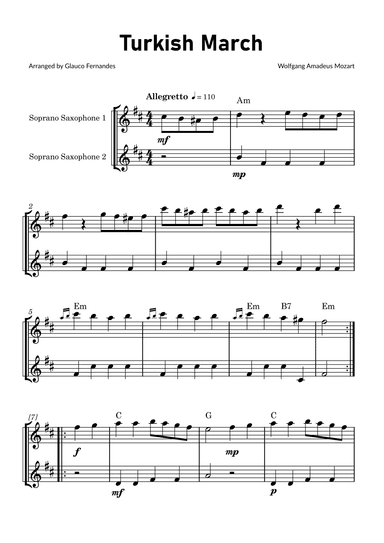 Turkish March by Mozart - Soprano Saxophone Duet with Chord Notations (arr. Glauco Fernandes)