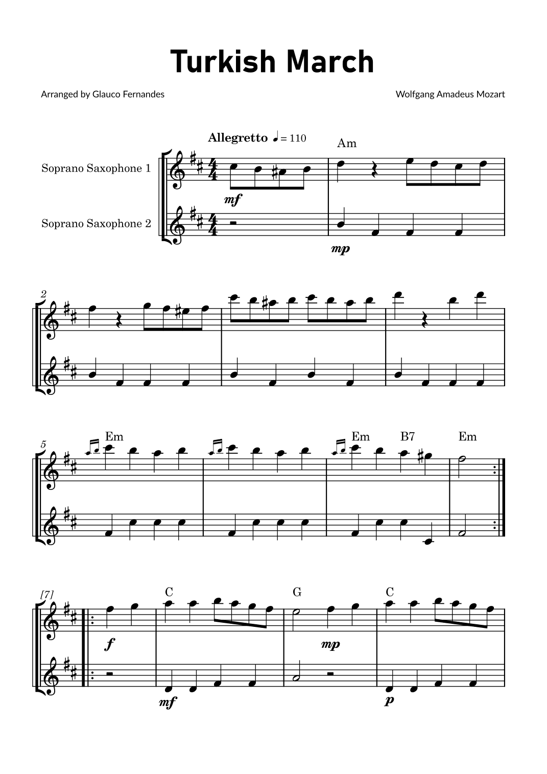 Turkish March by Mozart - Soprano Saxophone Duet with Chord Notations (arr. Glauco Fernandes)
