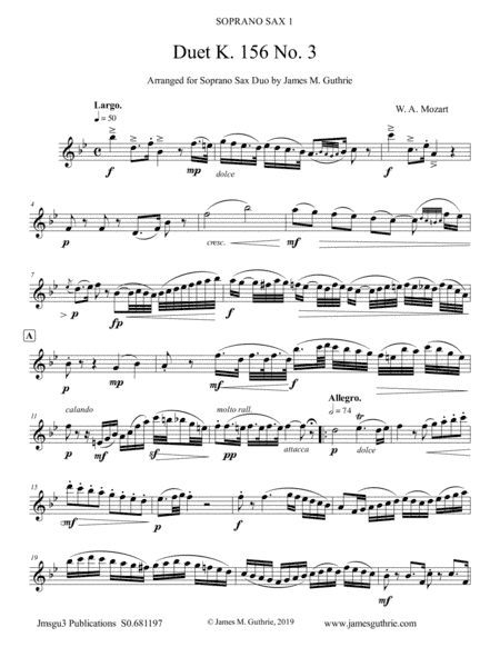 Mozart: 3 Duets K. 156 Complete for Soprano Sax Duo (arr. James M. Guthrie, ASCAP)