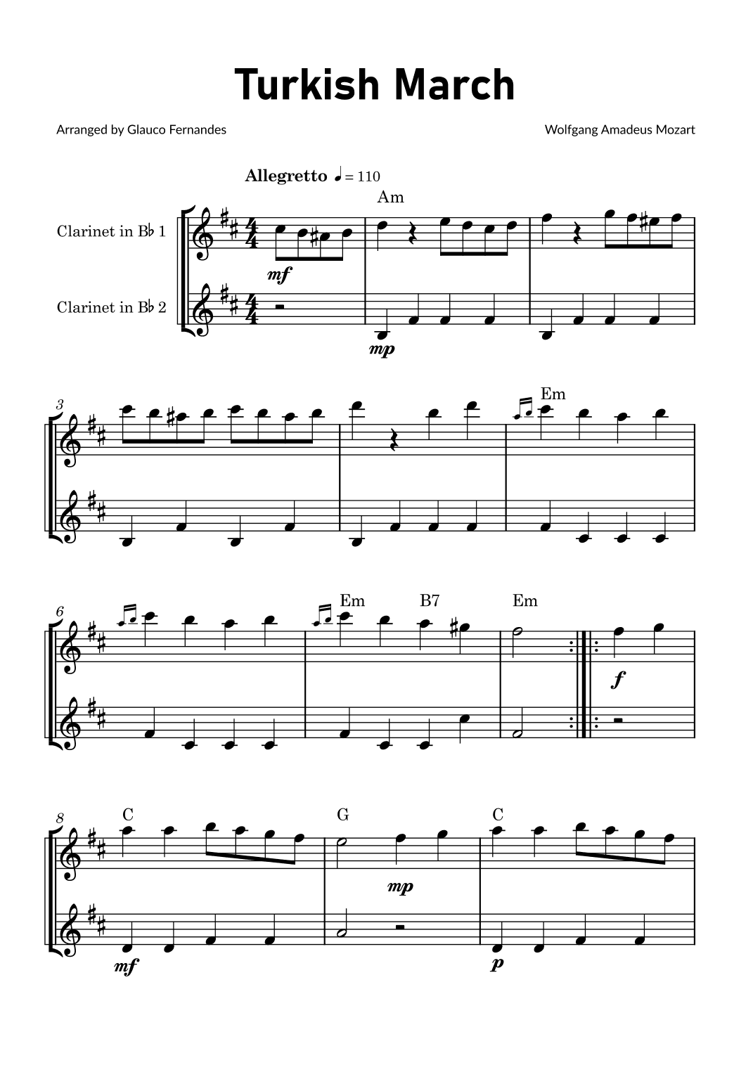 Turkish March by Mozart - Clarinet Duet with Chord Notations (arr. Glauco Fernandes)