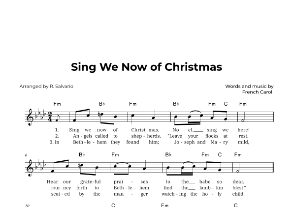Sing We Now of Christmas (Key of F Minor) (arr. R. Salvario)