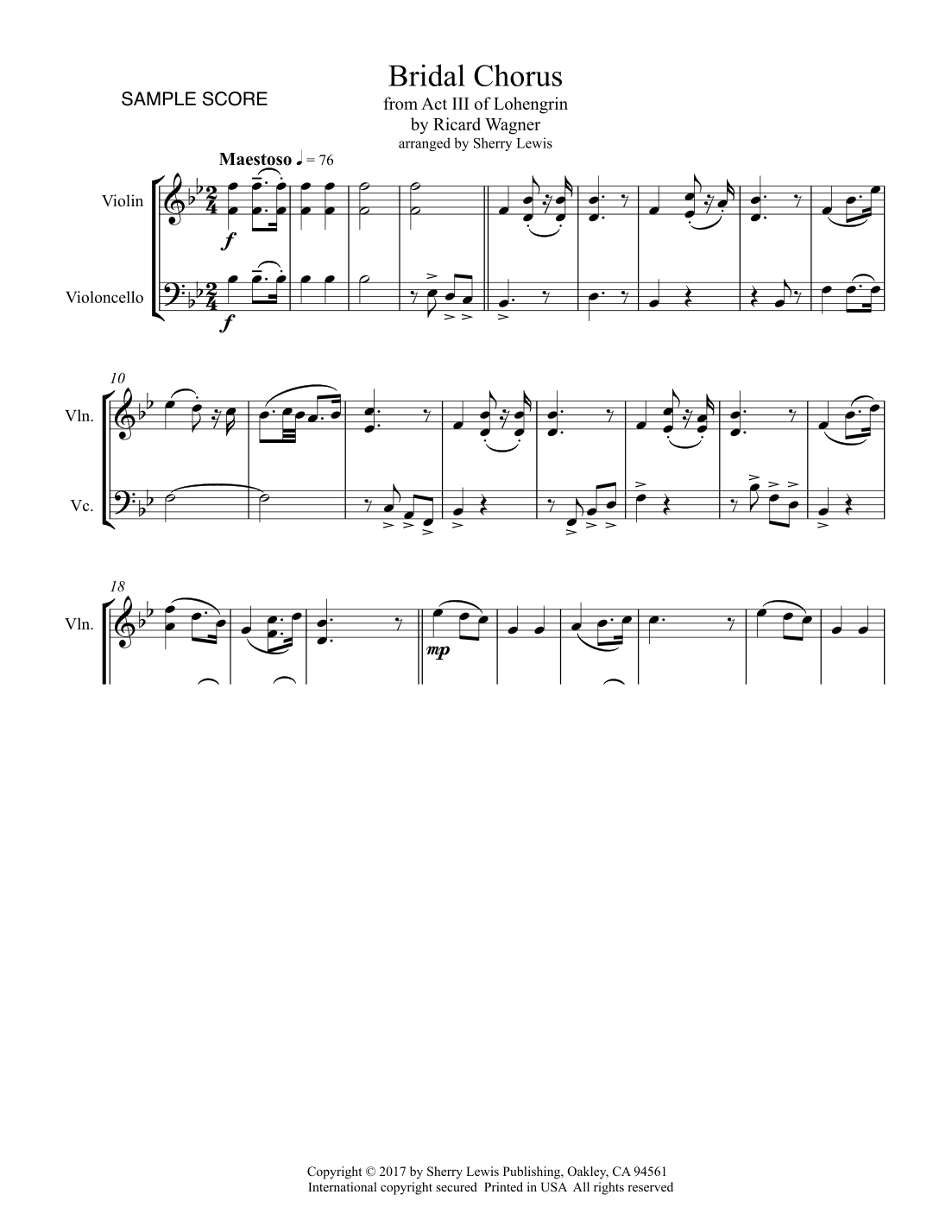 BRIDAL CHORUS String Duo, Intermediate Level for violin and cello (arr. Sherry Lewis)