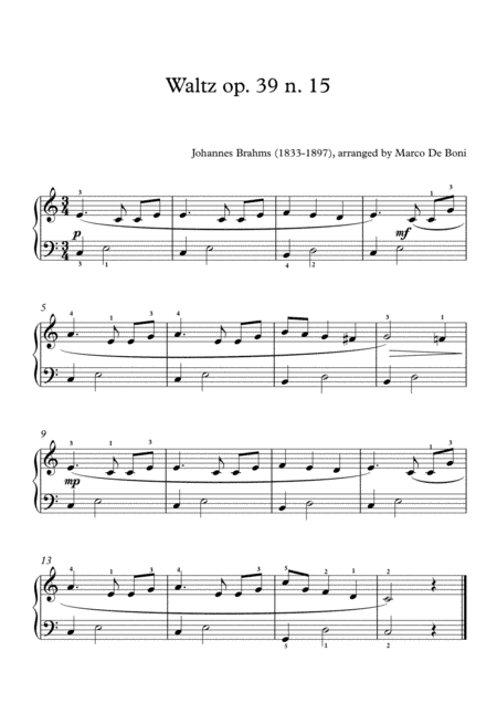 Brahms, Waltz op.39 n.15, easy piano arrangement (arr. Marco De Boni)