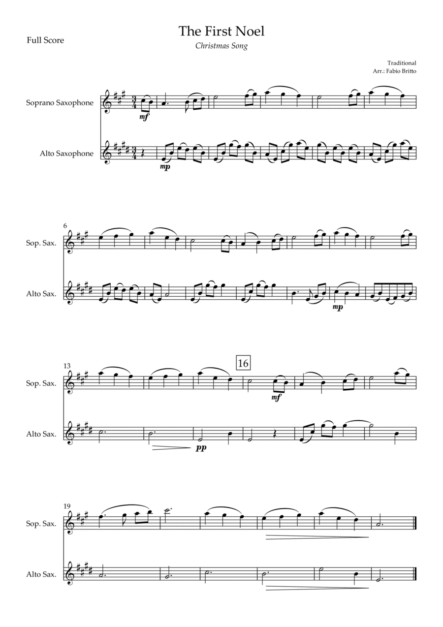 The First Noel (Christmas Song) for Soprano Saxophone & Alto Saxophone Duo (arr. Fabio Britto)
