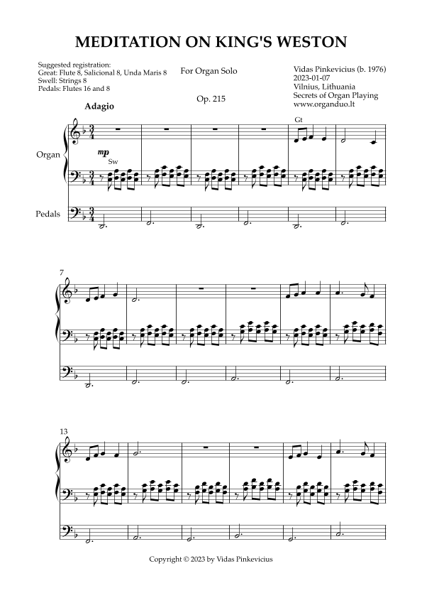 Meditation on King's Weston, Op. 215 (Organ Solo) by Vidas Pinkevicius