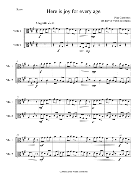 Variations on Here is joy for every age (Ecce Novum Gaudium - from Piae Cantiones) for 2 violas (arr. David Warin Solomons)