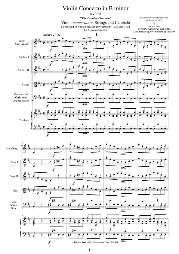 Vivaldi - Violin Concerto in B minor - Dresden - RV 388 for Violin, Strings and Cembalo (arr. Santino Cara)