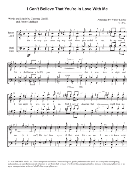 I Can't Believe That You're In Love With Me (arr. Walter Latzko)
