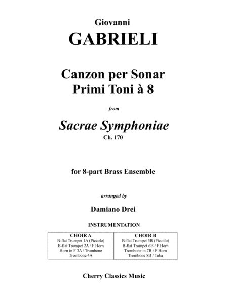 Canzon per Sonar Primi Toni a 8 for 8-part Brass Ensemble Octet (arr. Damiano Drei)