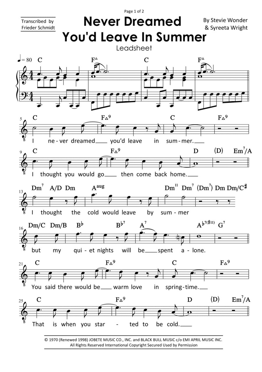 Never Dreamed You'd Leave In Summer (arr. Frieder Schmidt)