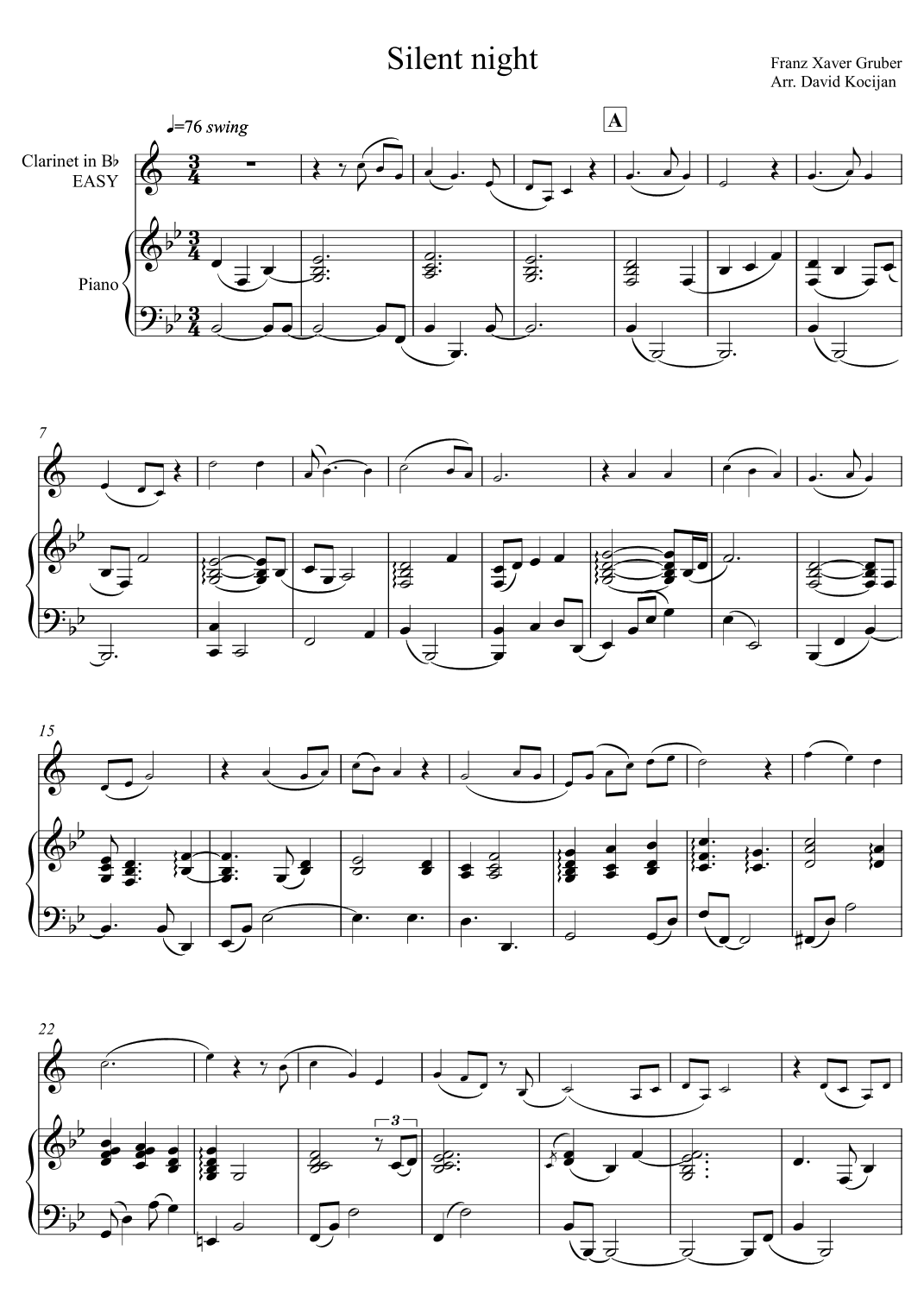 Silent night EASY (clarinet & piano) (arr. David Kocijan)