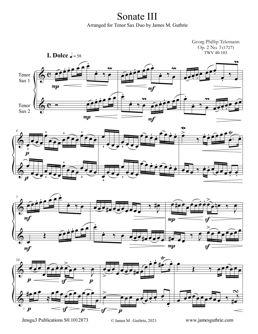Telemann: Sonata Op. 2 No. 3 for Tenor Sax Duo (arr. James M. Guthrie)
