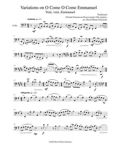 Variations on O come o come Emmanuel (Veni Veni Emmanuel) for cello solo (arr. David Warin Solomons)