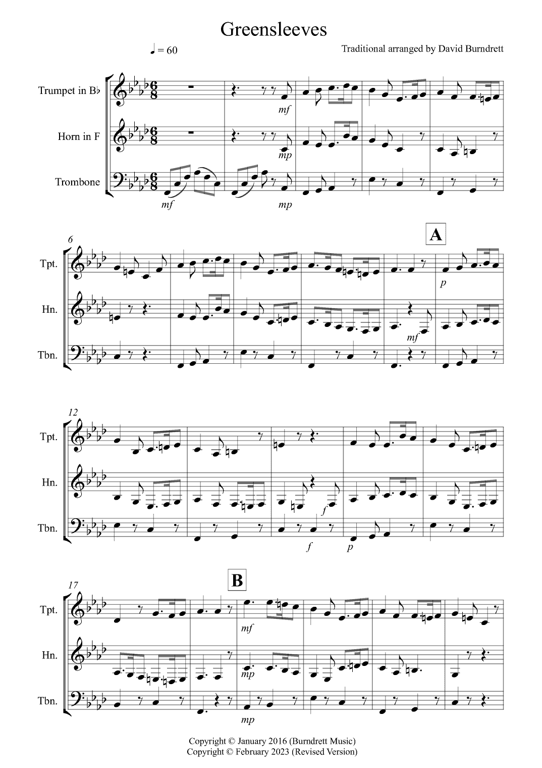 Greensleeves for Brass Trio (arr. David Burndrett)
