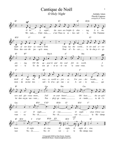 O Holy Night / Cantique de noel, lead sheet for voice with guitar chords (B Major) (arr. K. Krantz)