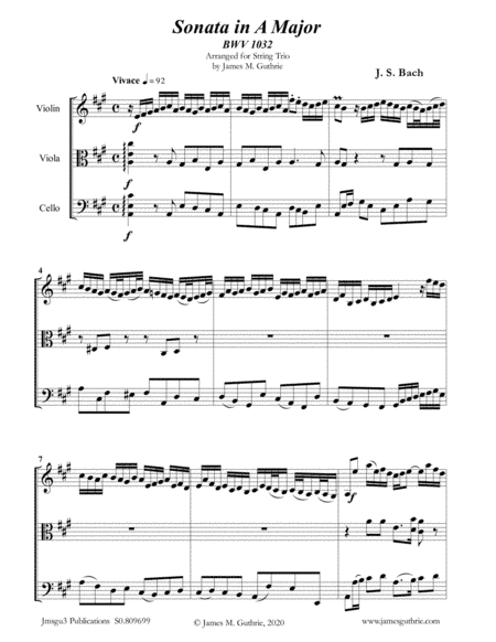 BACH: Sonata BWV 1032 for String Trio (arr. James Guthrie, ASCAP)